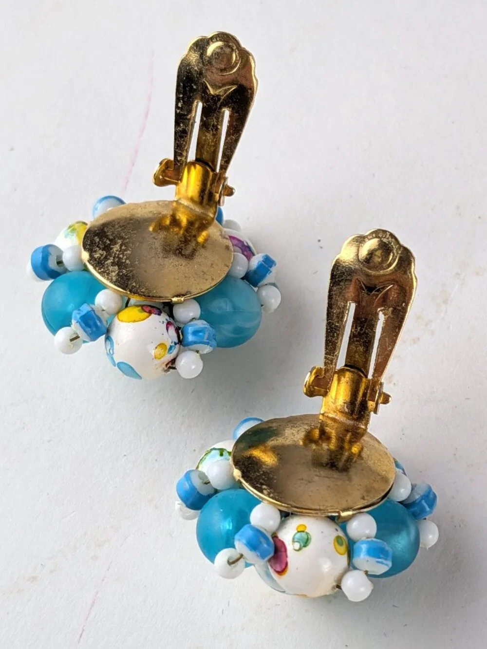 Vintage Blue/White Speckled Beaded Clip-On Earrings